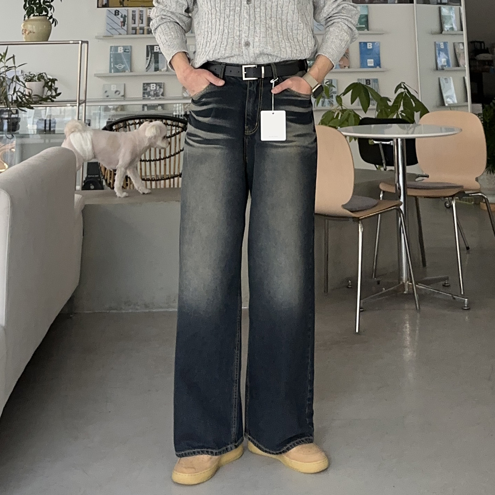 남자 와이드청바지 중청 흑청 허벅돼 워싱 남자 청바지 - 메인 이미지