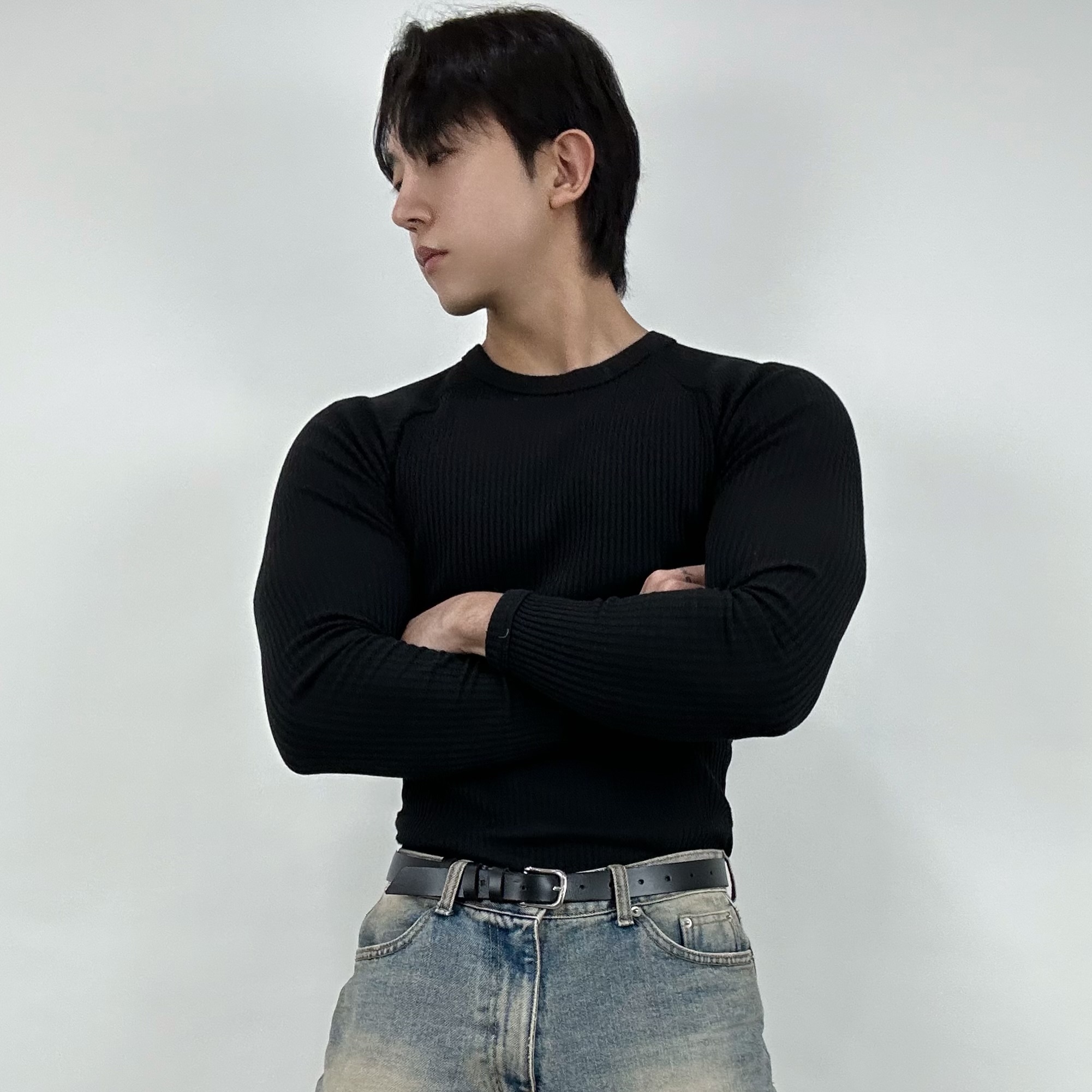 머슬핏긴팔 남자라운드티 골지 머슬핏 - 상세 이미지 2