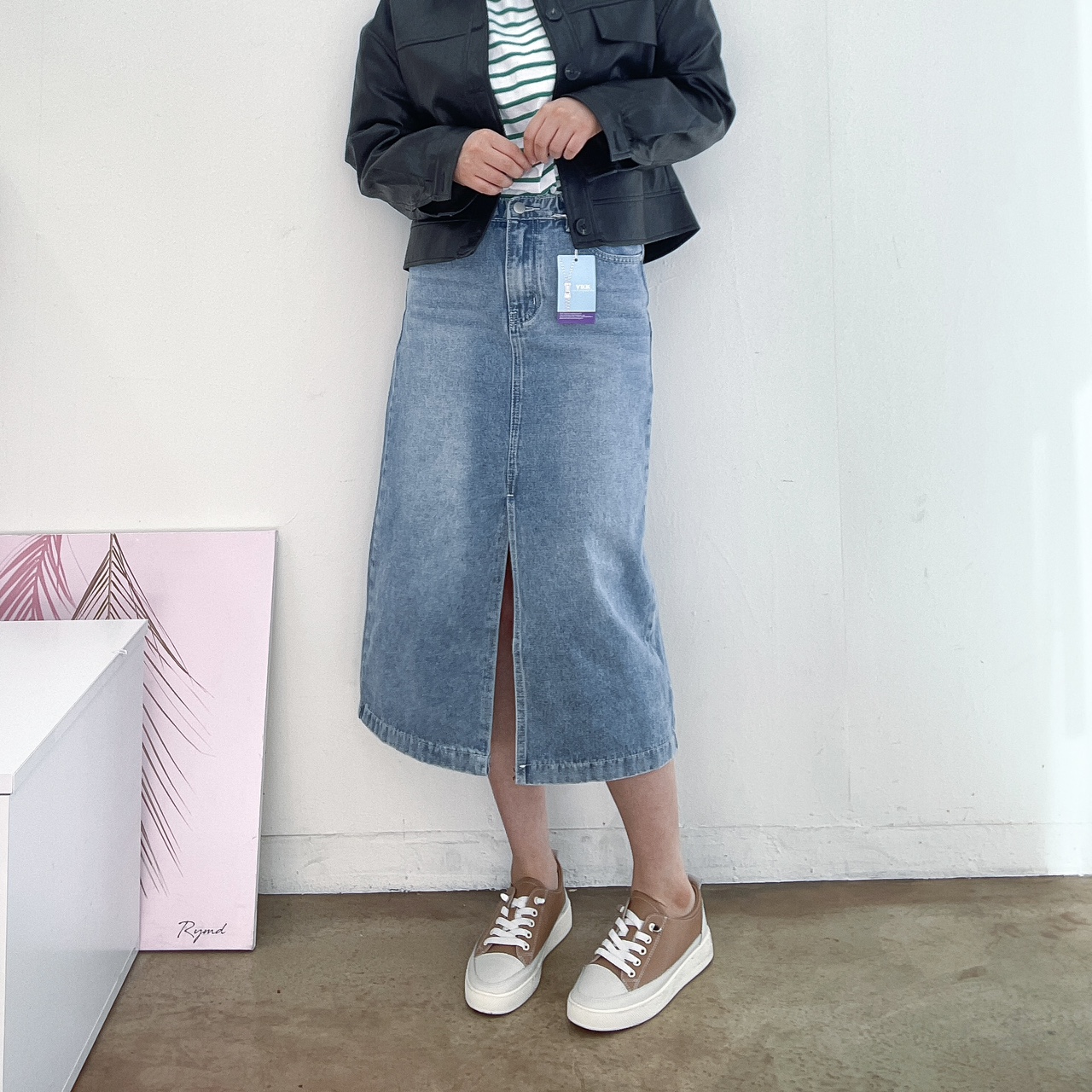 H라인 데님 롱스커트 밴딩 앞트임 청치마 청롱치마 - 상세 이미지 2