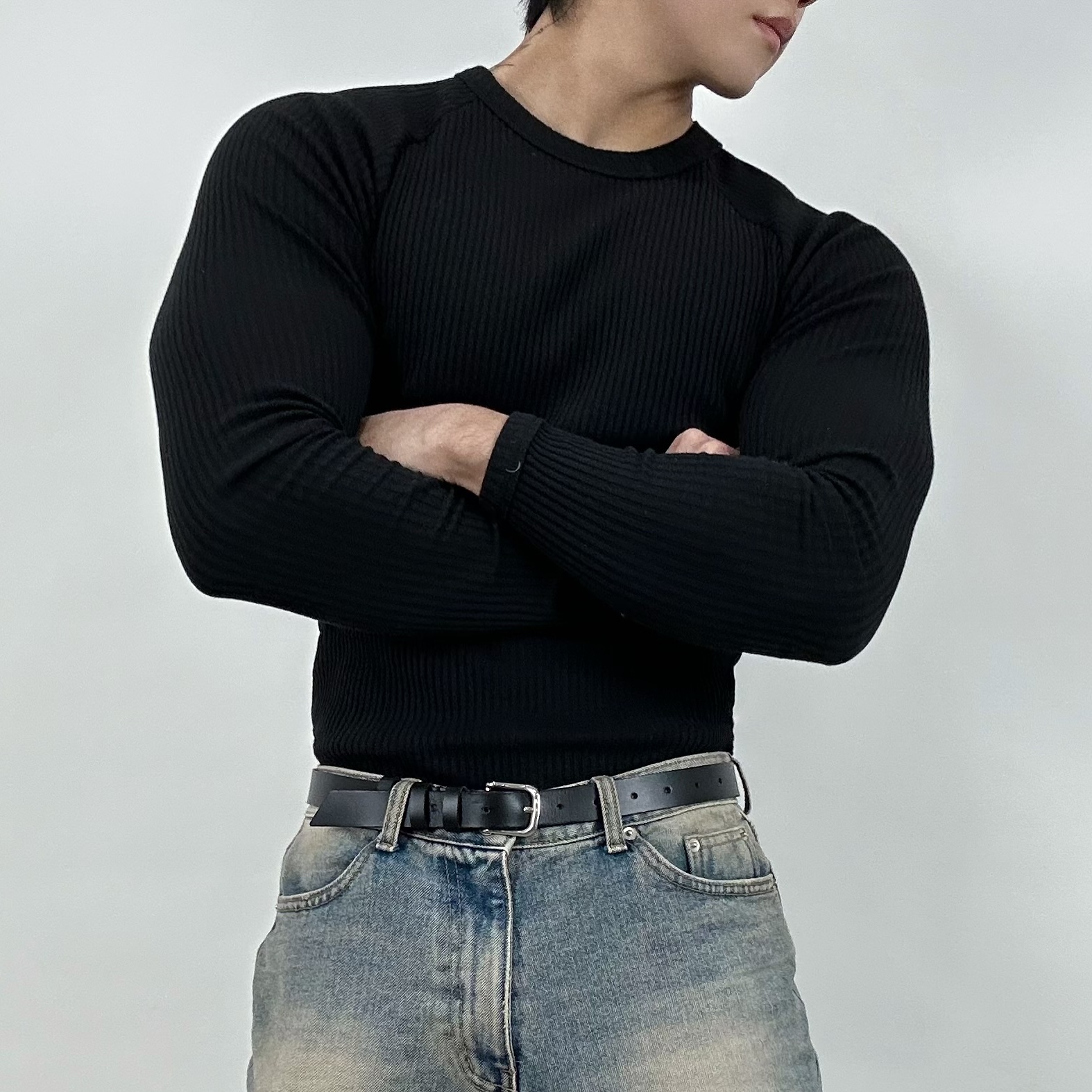 머슬핏긴팔 남자라운드티 골지 머슬핏 - 상세 이미지 3
