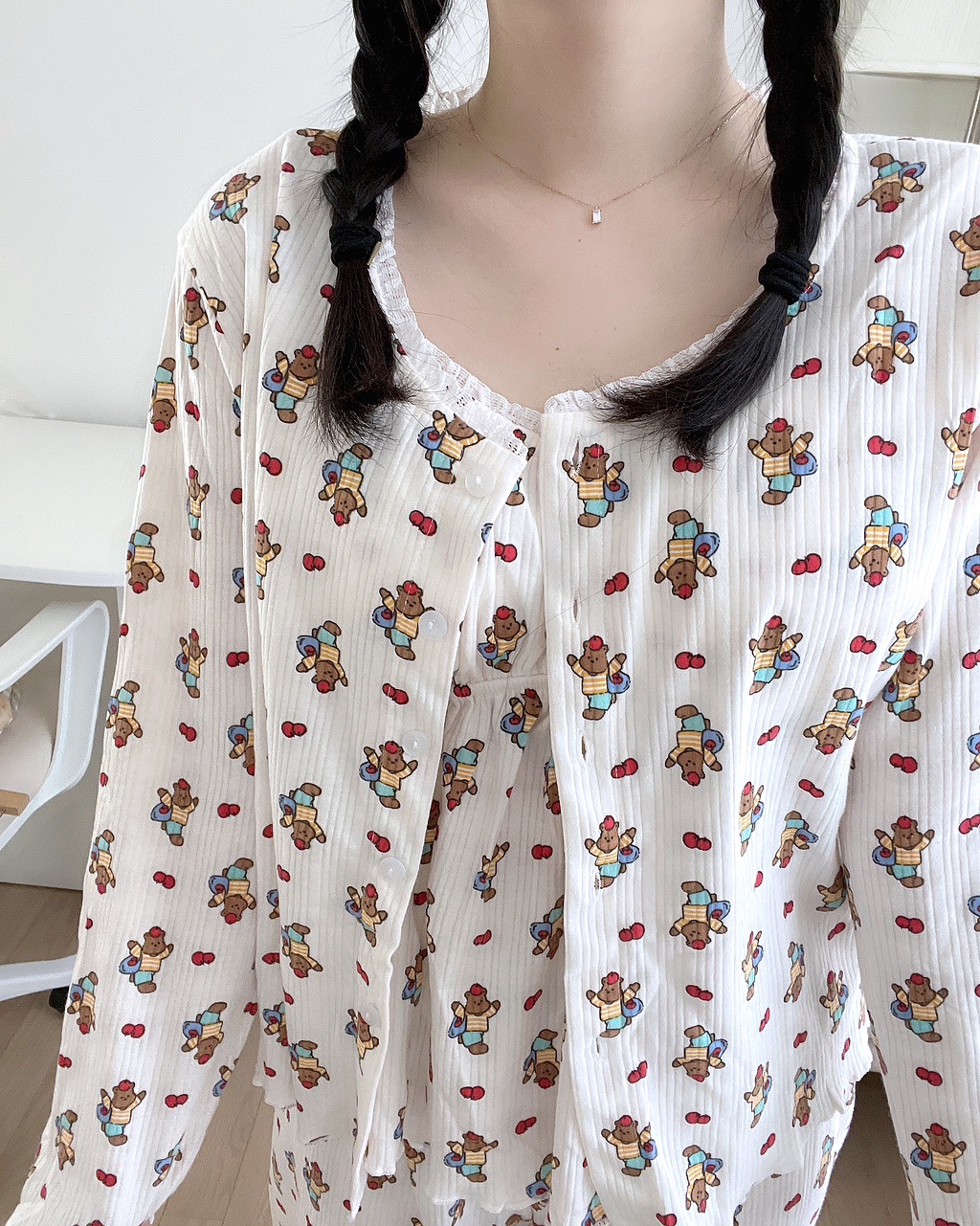 [끈조절가능]3ps주문폭주💗러블리/사은품증정 사과 곰돌이 봄 여름 나시 가디건 쓰리피스잠옷 상세 이미지 15