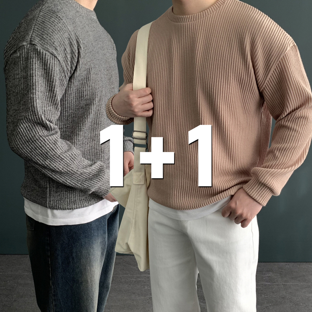 1+1 남자 봄 가을 간절기 워셔블 오버핏 골지 니트 - 메인 이미지