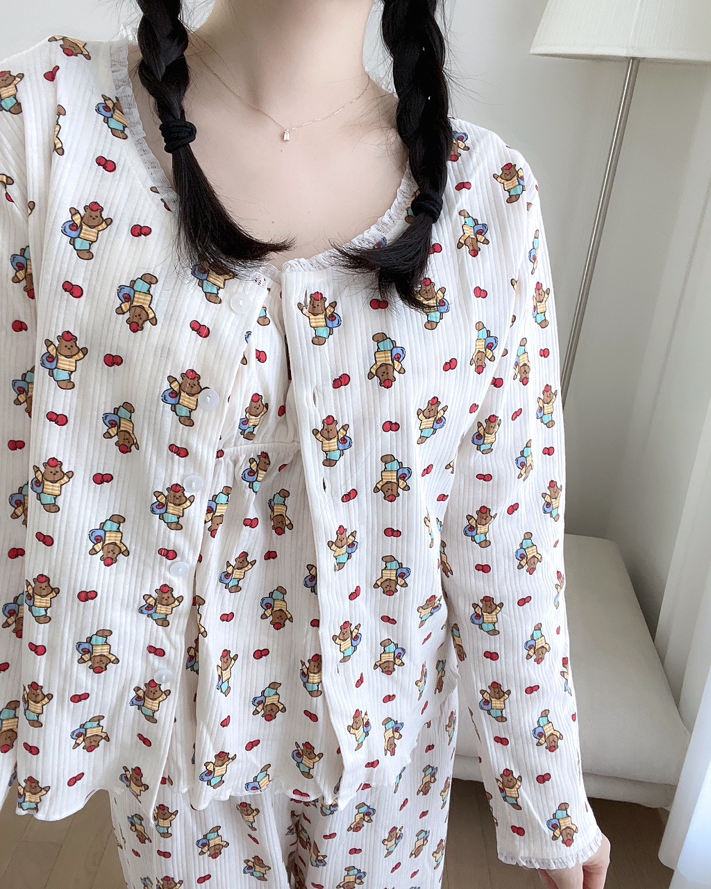 [끈조절가능]3ps주문폭주💗러블리/사은품증정 사과 곰돌이 봄 여름 나시 가디건 쓰리피스잠옷 상세 이미지 18