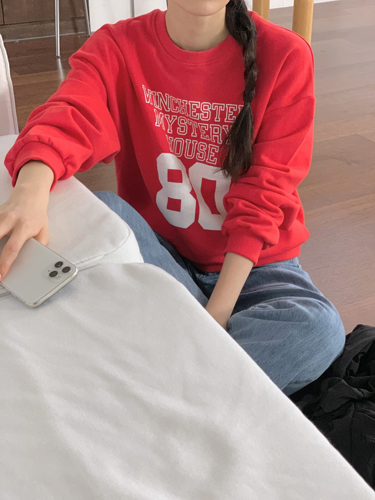 오버핏 하우스80 레터링 프린팅 세미 크롭 맨투맨 여성 가을 티셔츠 면 여자 맨투맨 박스티 - 상세 이미지 5