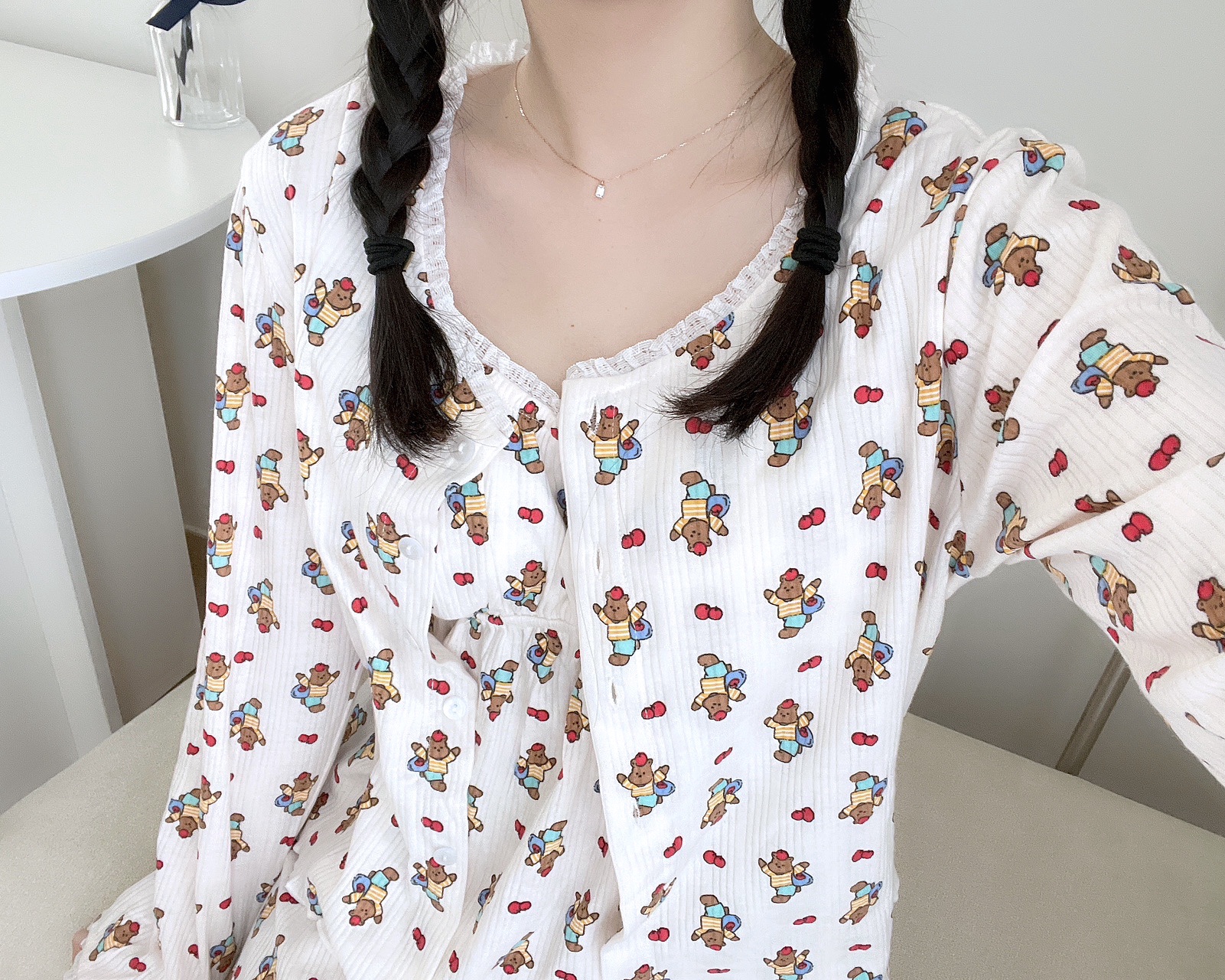 [끈조절가능]3ps주문폭주💗러블리/사은품증정 사과 곰돌이 봄 여름 나시 가디건 쓰리피스잠옷 상세 이미지 10