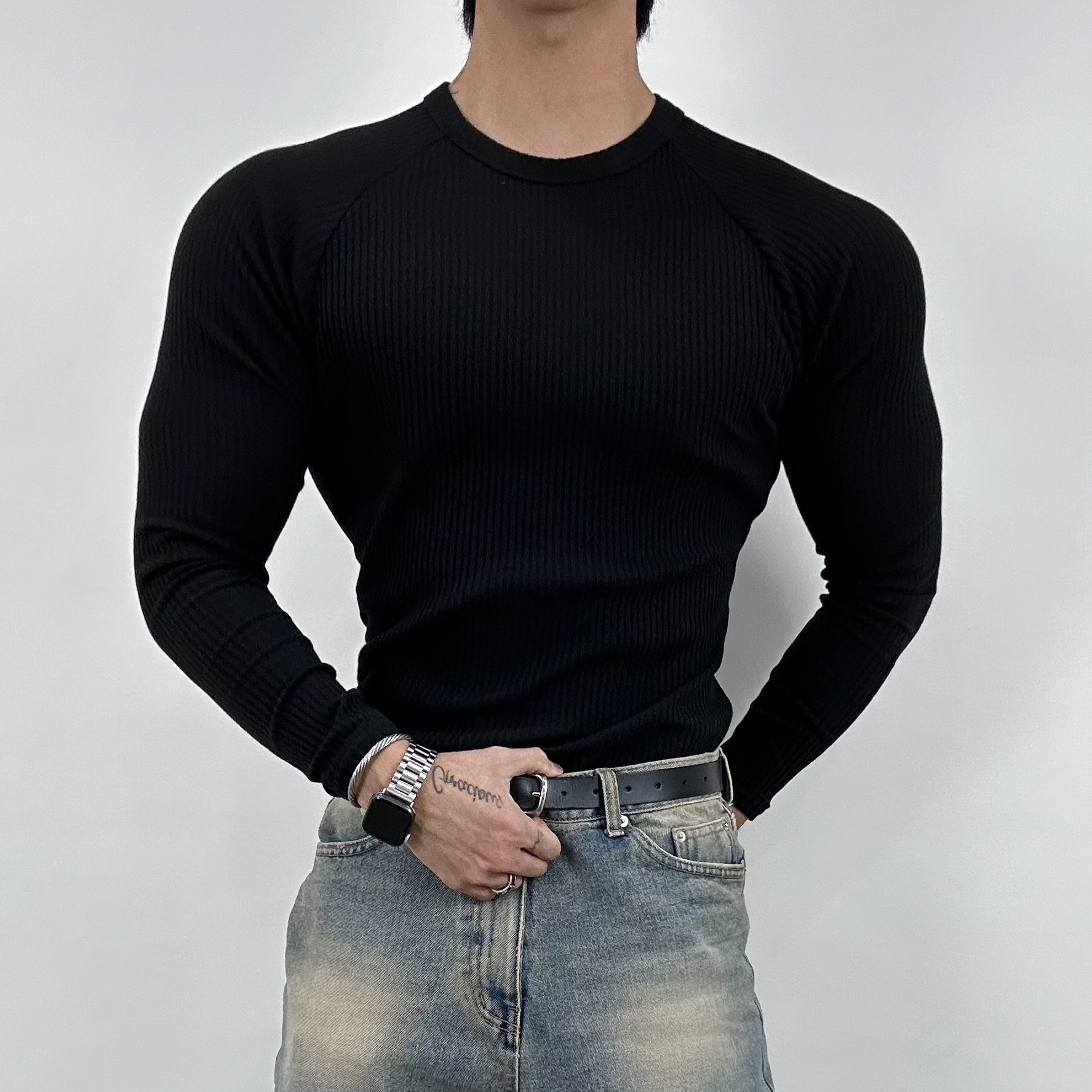 머슬핏긴팔 남자라운드티 골지 머슬핏 - 상세 이미지 4