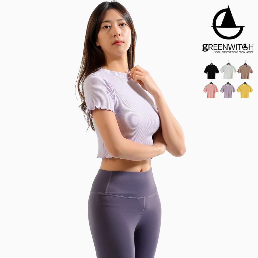 그리니치 깔끔한 골지스판 크롭탑 반팔 티셔츠 요가복 - 상세 이미지 5