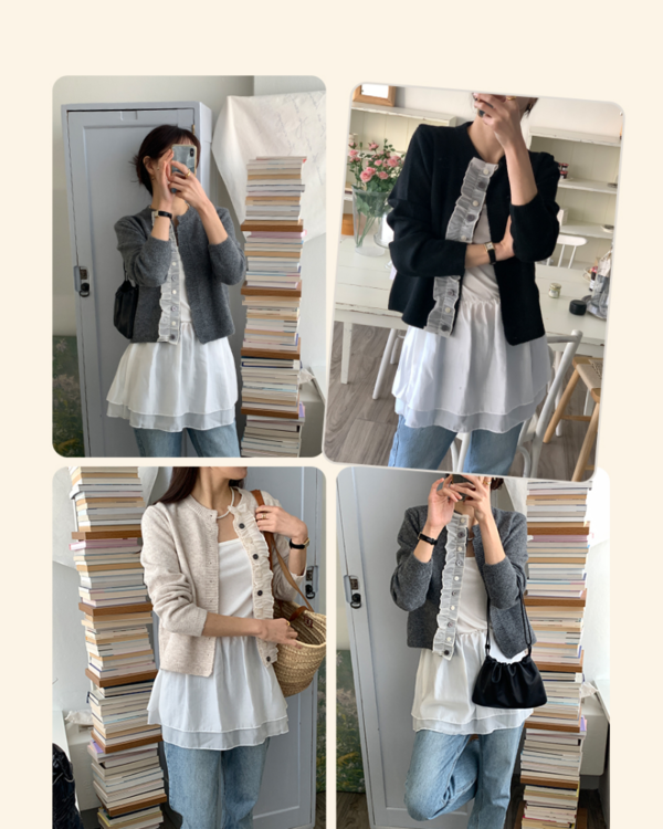 우디크 프릴 레이스 라운드넥 루즈핏 봄 간절기 긴팔 데일리 니트 가디건(3color) - 상세 이미지 2