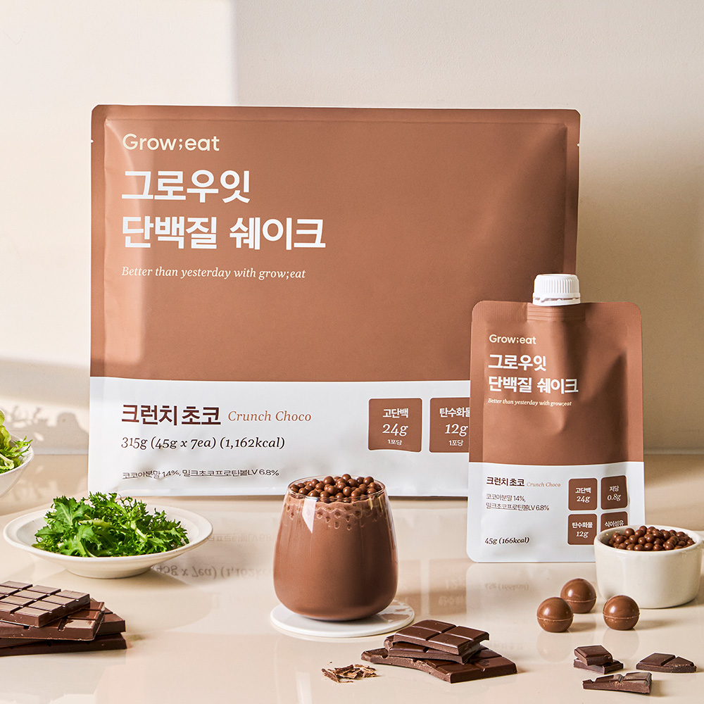그로우잇 단백질 쉐이크 파우치 저당 식사대용 크런치초코, 7포, 2개