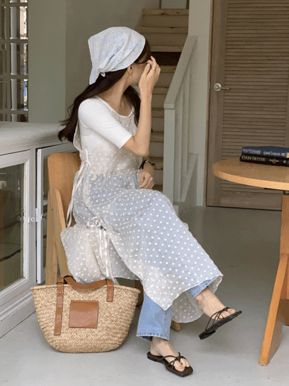 발레 데이지 잔꽃 도트 시스루 레이스 사이드 리본 트임 뷔스티에 레이어드 롱 원피스