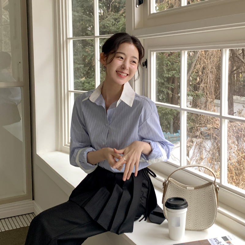 배색 카라 스트라이프 셔츠 오피스 데일리 여리핏 출근룩 bs8099 - 상세 이미지 2