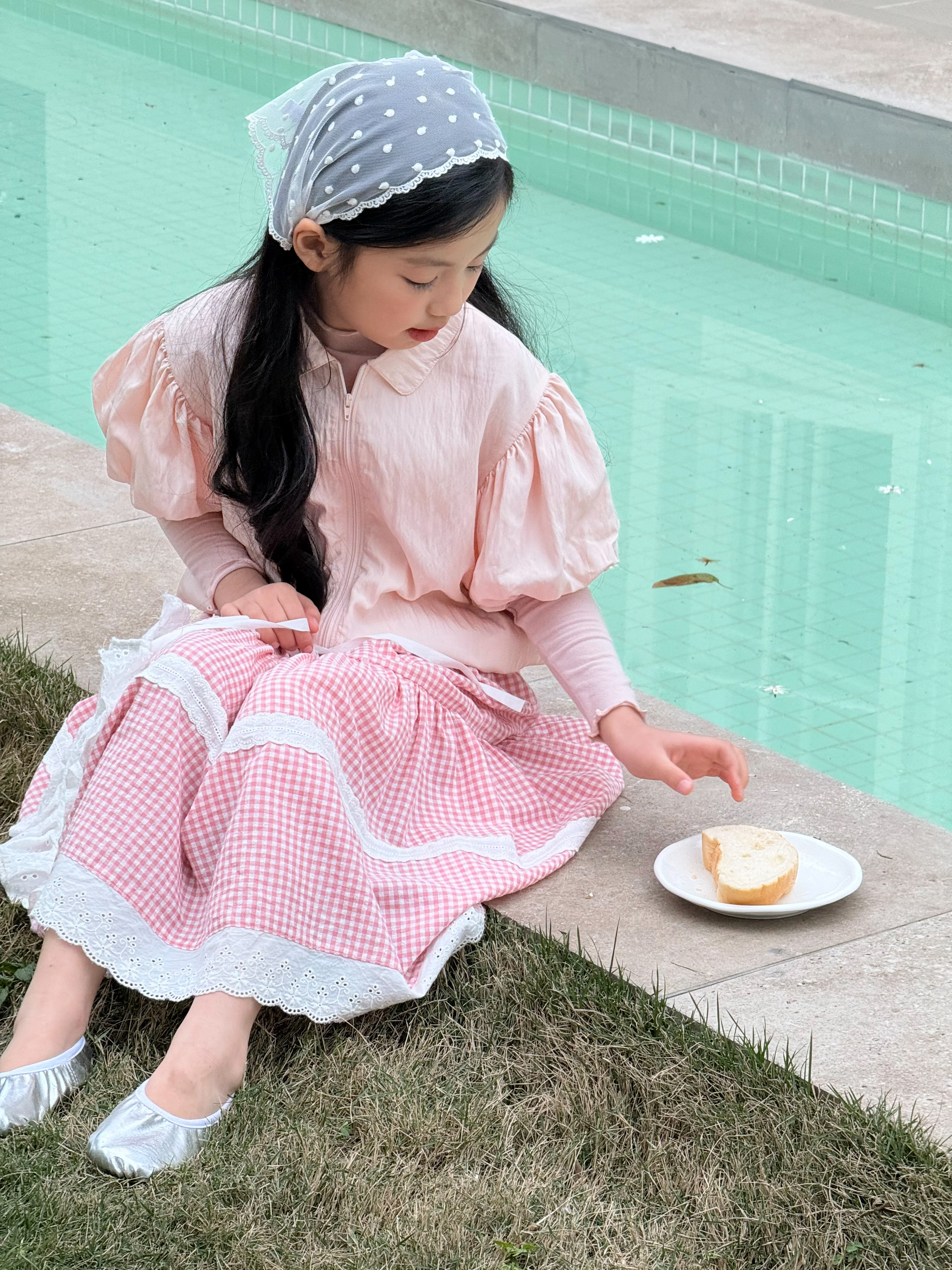 Irene's Closet 잔체크 레이스 배색 티어드 롱 스커트 유아 주니어 봄 간절기