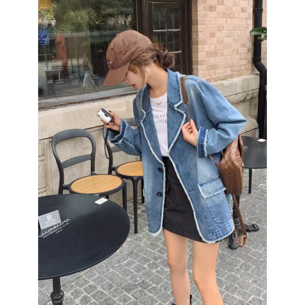 여성 루즈핏 빈티지 데님 블레이저 청자켓 - 상세 이미지 3