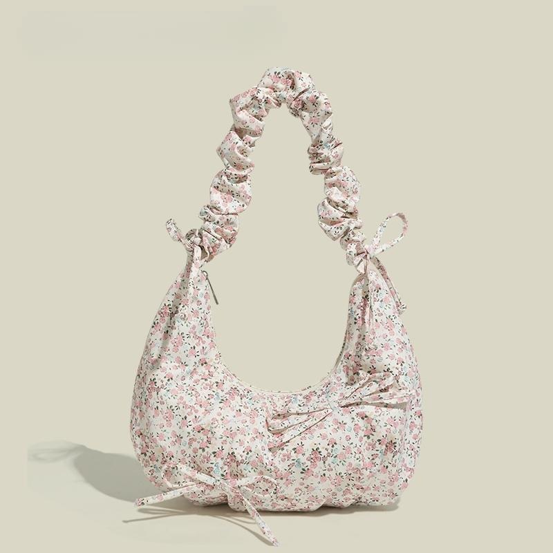 꽃무늬패턴 셔링 숄더백 발레코어 봄 예쁜 핑크 디자인 리본포인트 2컬러 33X16CM - 상세 이미지 2