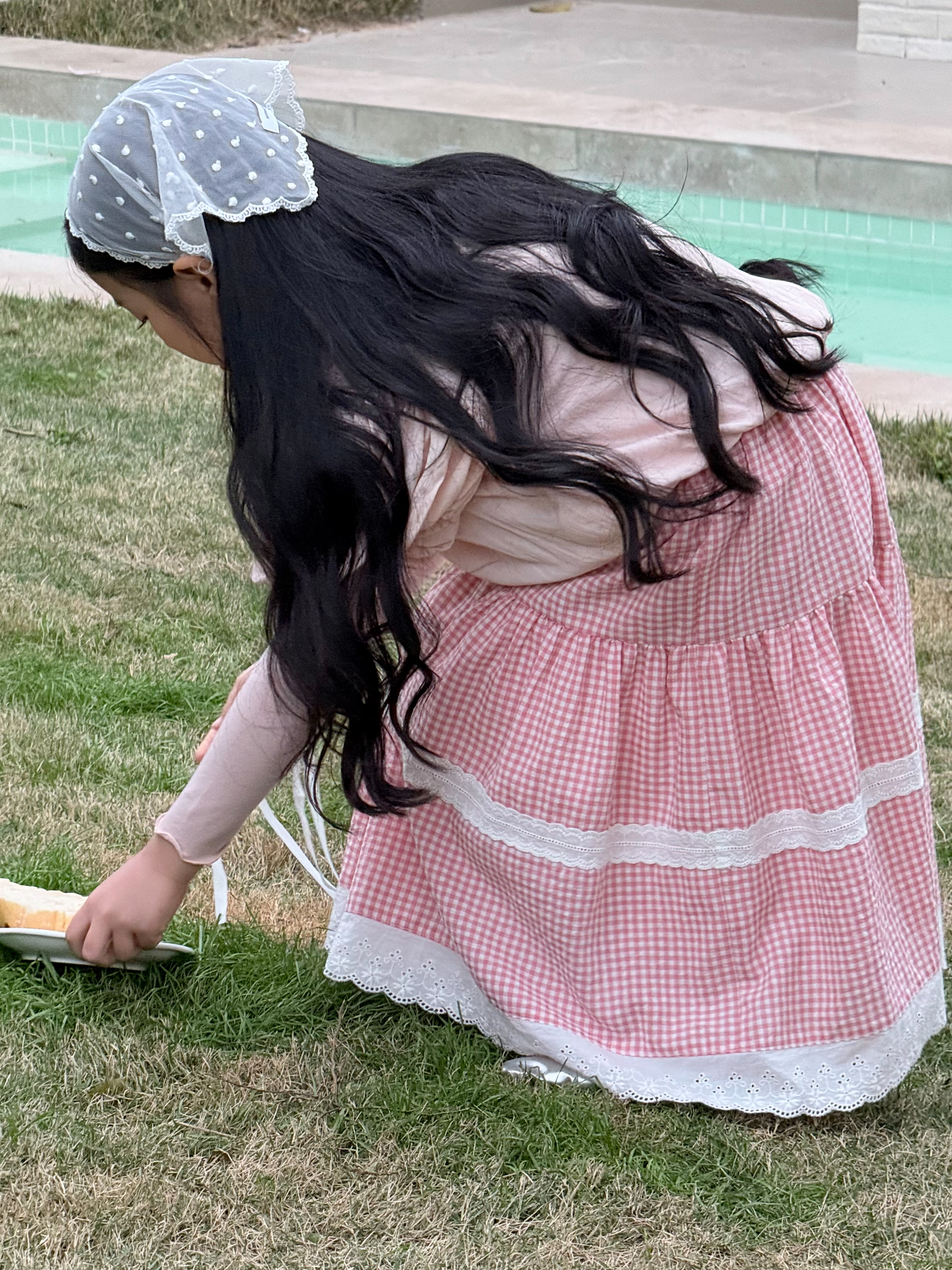 Irene's Closet 잔체크 레이스 배색 티어드 롱 스커트 유아 주니어 봄 간절기