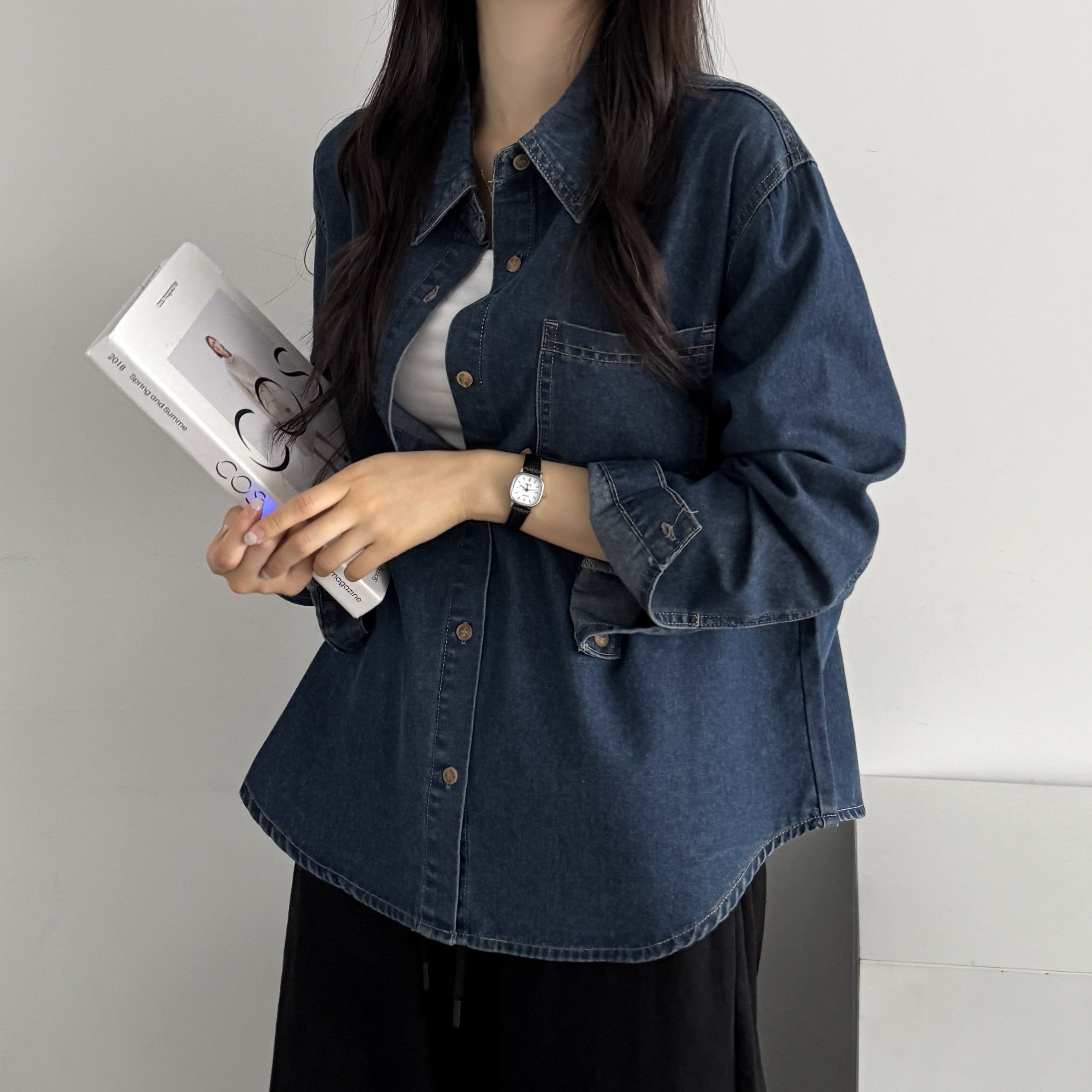여성 남방 데님 셔츠 청 데님 셔츠 오버핏 루즈핏 반팔 긴팔