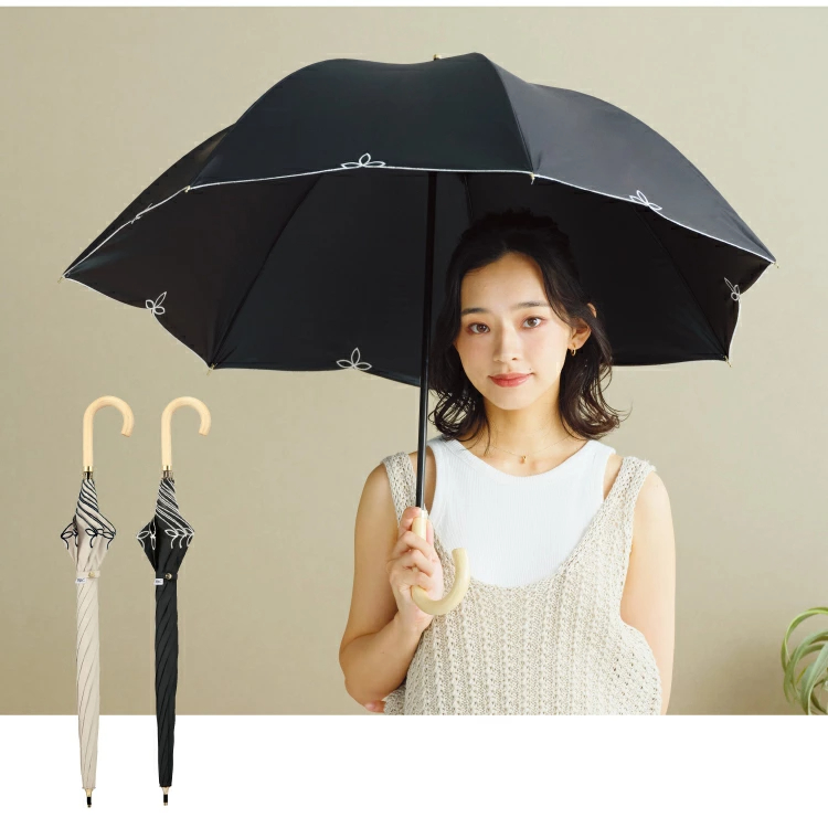 Wpc 와이드 자수 스컬랩 여성 장우산 양산 UV차단 베이지 블랙 2컬러 - 상품 이미지