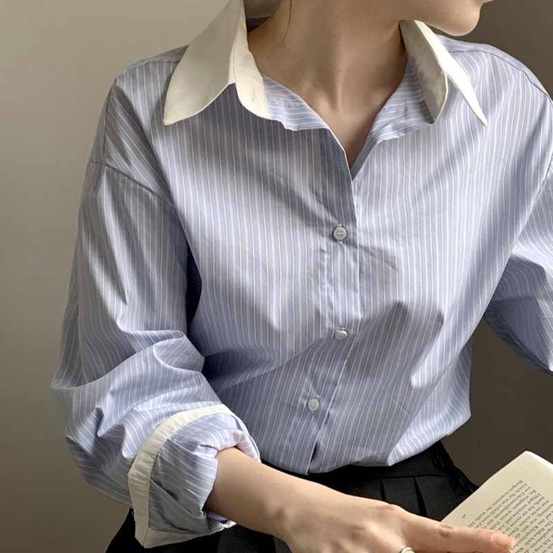 배색 카라 스트라이프 셔츠 오피스 데일리 여리핏 출근룩 bs8099 - 상세 이미지 3
