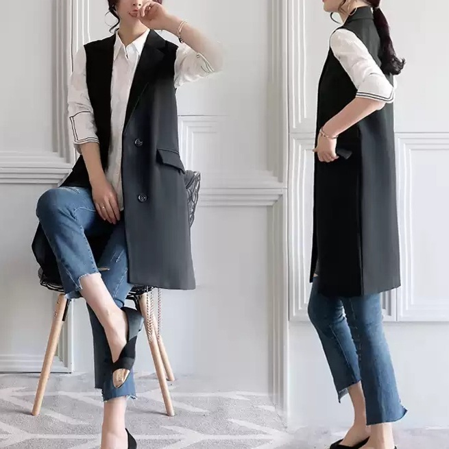 테일러카라 롱 조끼 자켓같은 레이어드 오피스룩 봄 가을 중년여성 빅사이즈 3XL까지 블랙 - 상세 이미지 3