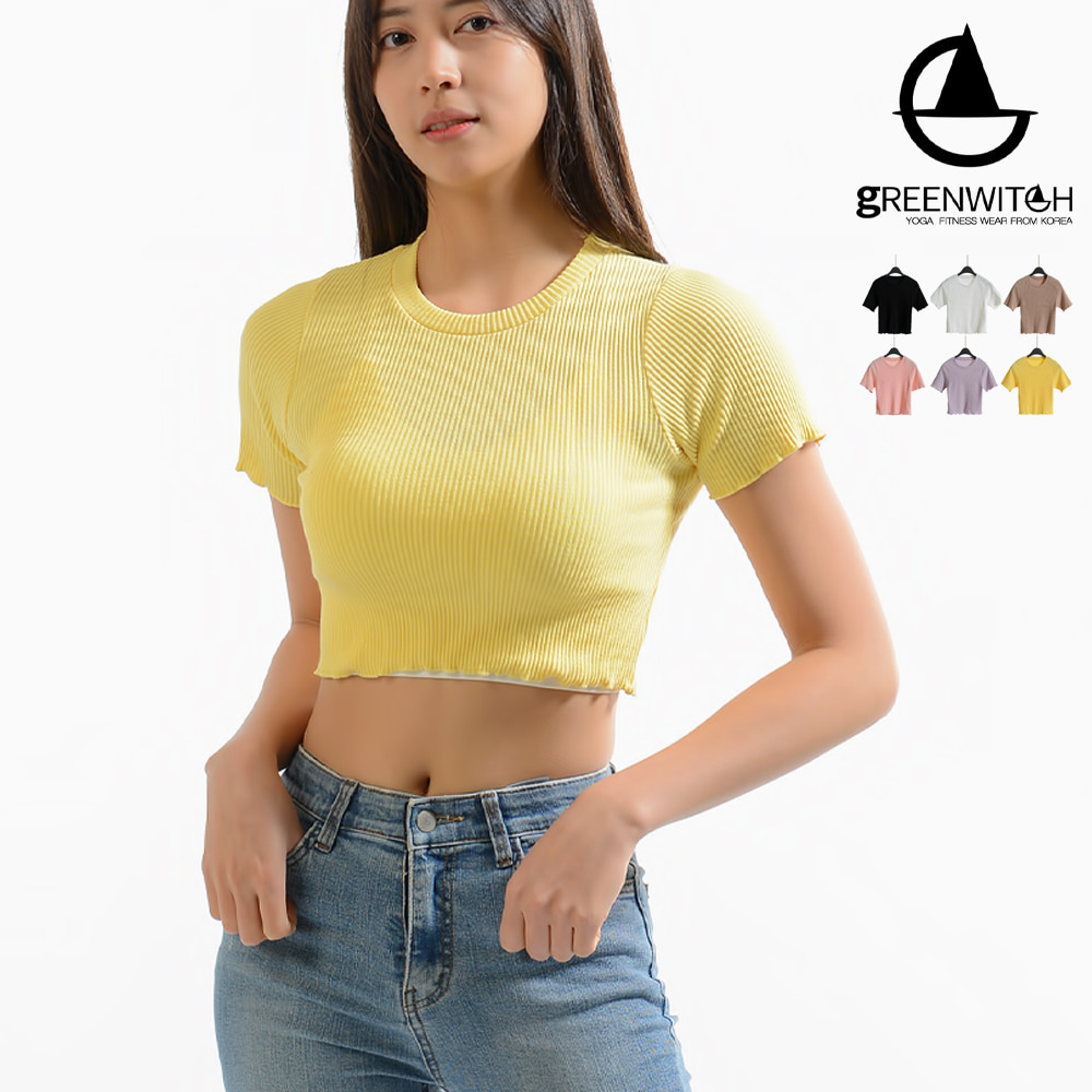 그리니치 깔끔한 골지스판 크롭탑 반팔 티셔츠 요가복 - 상세 이미지 2
