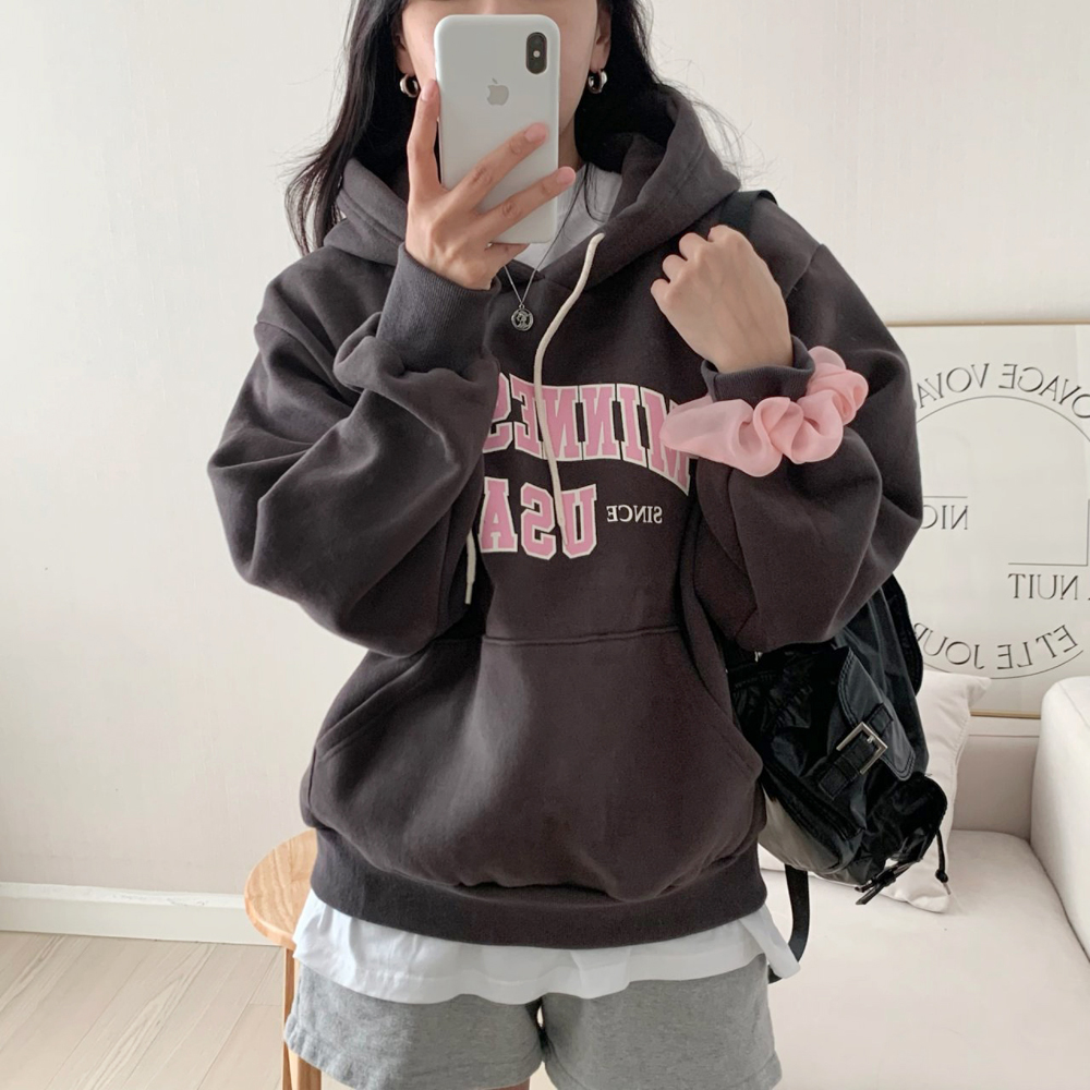 오버핏 미네소타 레터링 프린팅 레이어드 여성 후드티 기모 여자 맨투맨 박스티 겨울 티셔츠 - 상세 이미지 4