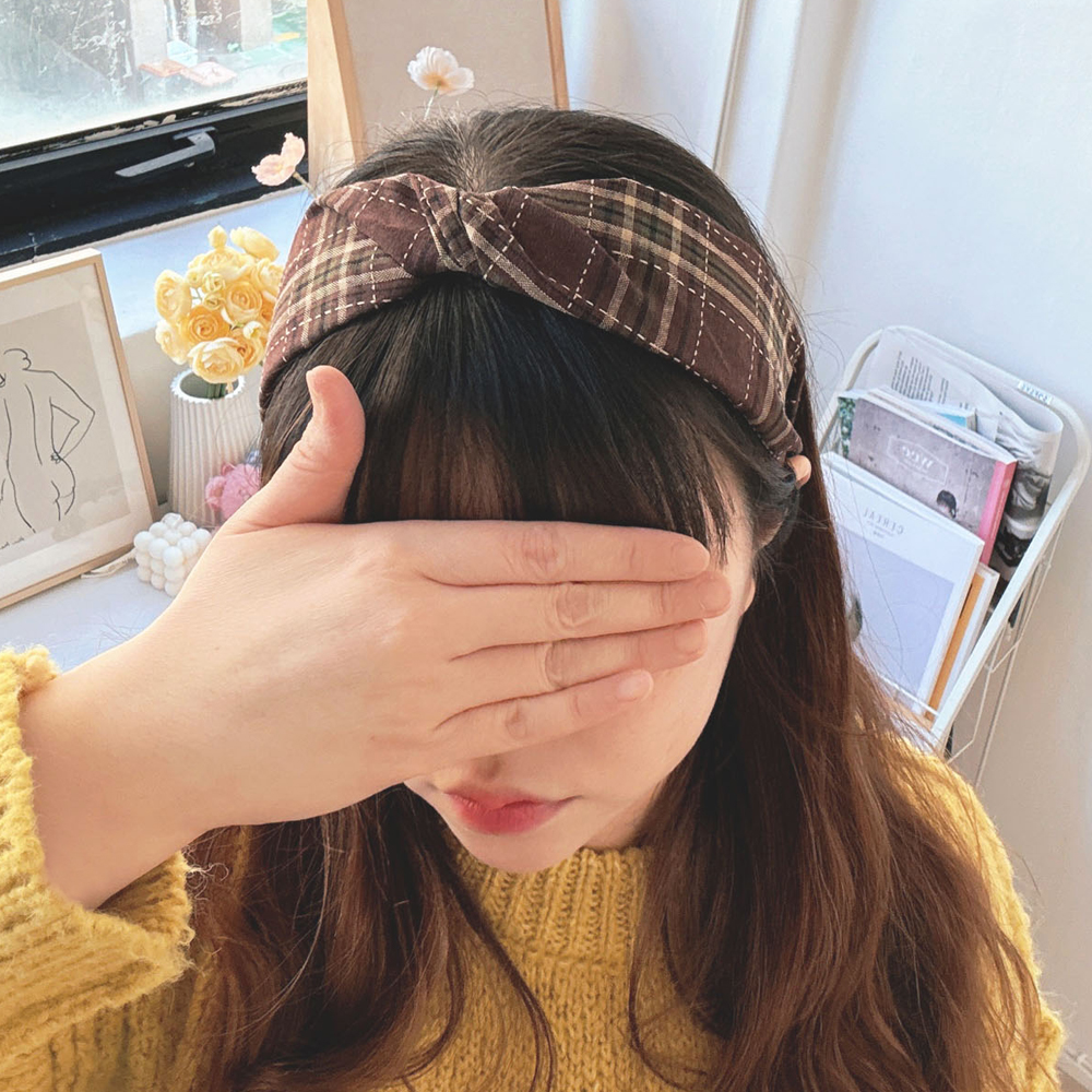 와이드헤어밴드 브라운체크반다나 넓은머리띠 면헤어밴드 - 상세 이미지 3