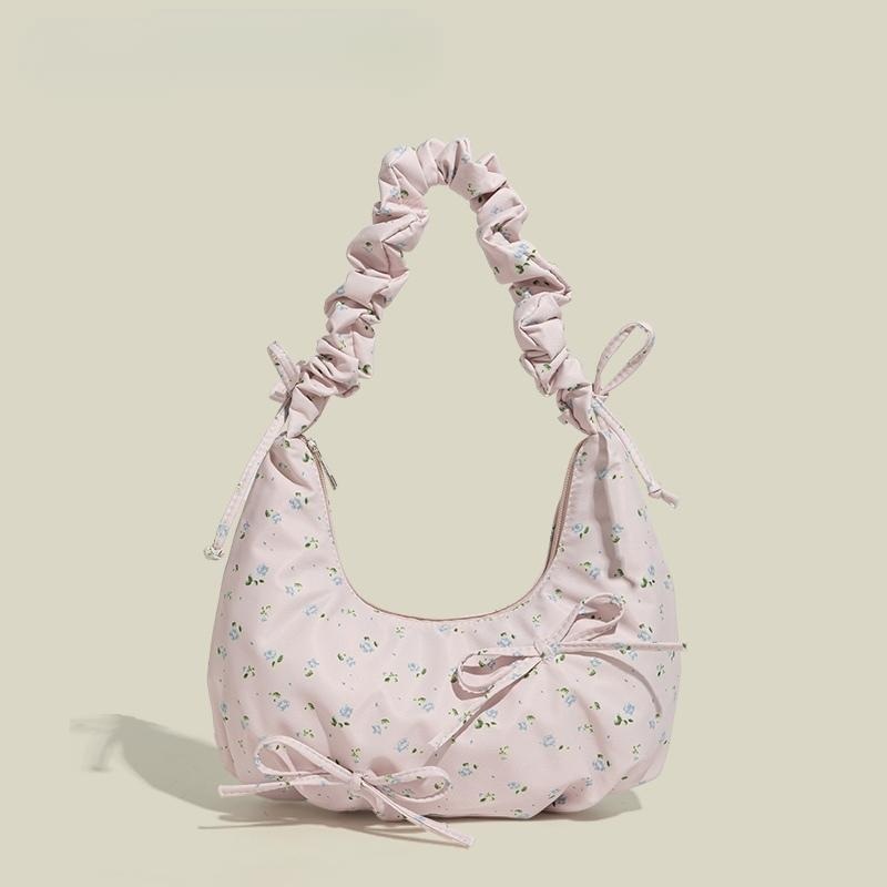 꽃무늬패턴 셔링 숄더백 발레코어 봄 예쁜 핑크 디자인 리본포인트 2컬러 33X16CM - 상품 이미지