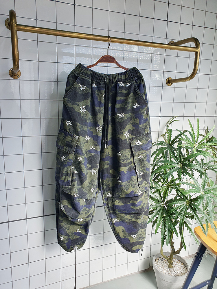(무배) 빈티지 플라워 카모 와이드 카고바지 - 상품 이미지