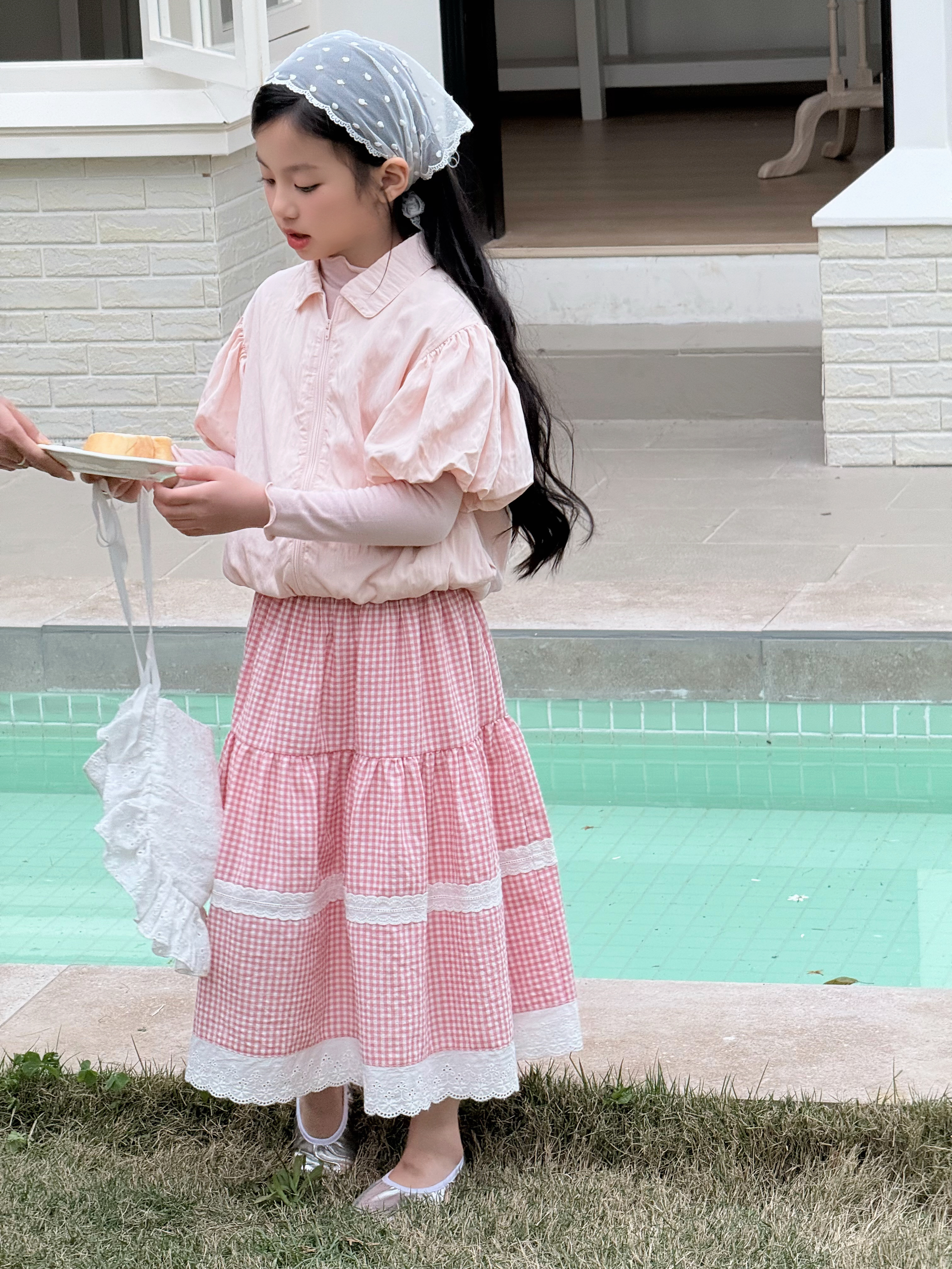Irene's Closet 잔체크 레이스 배색 티어드 롱 스커트 유아 주니어 봄 간절기