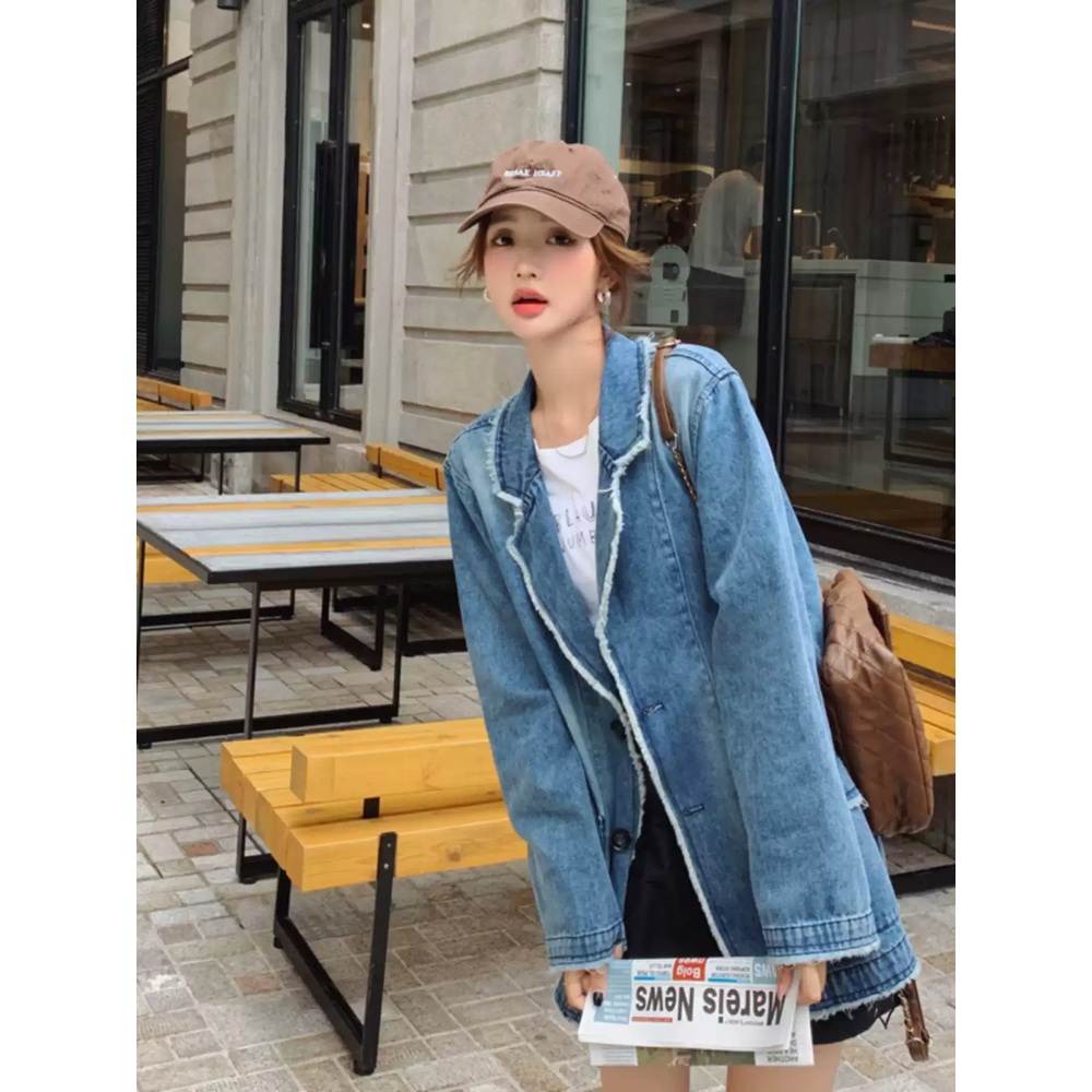 여성 루즈핏 빈티지 데님 블레이저 청자켓 - 상세 이미지 5