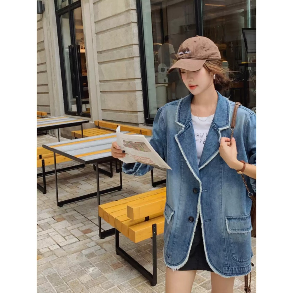 여성 루즈핏 빈티지 데님 블레이저 청자켓 - 상세 이미지 4