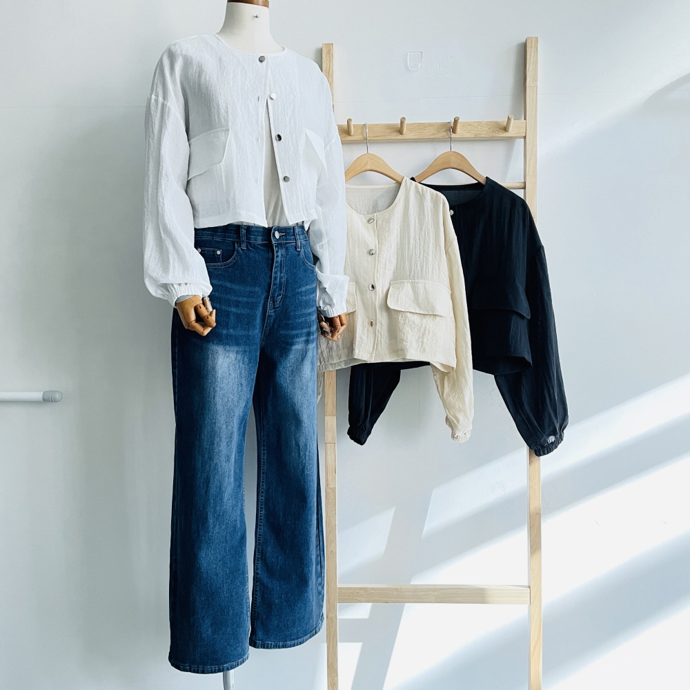 노카라자켓 크롭 여성 얇은 포켓 자켓 - 상세 이미지 3
