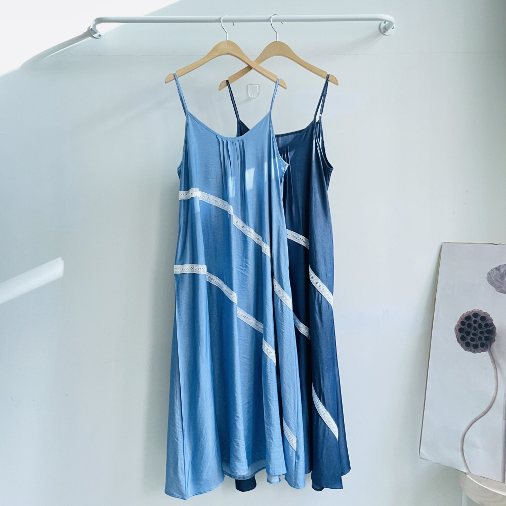 데님 뷔스티에원피스 빅사이즈 레이스 끈나시 청 롱원피스