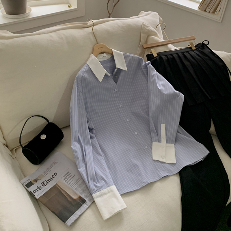 배색 카라 스트라이프 셔츠 오피스 데일리 여리핏 출근룩 bs8099 - 상세 이미지 5