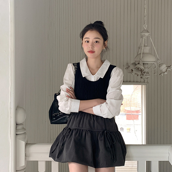 폼포니 펌킨 셔링 리본 뒷밴딩 미니 스커트 sk7178 - 상품 이미지