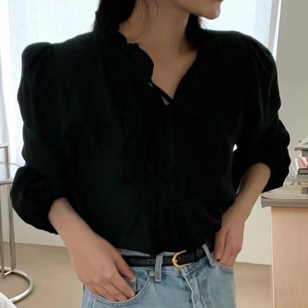 봄 러플 블라우스 사각 셔링 리본 끈 프릴 - 상세 이미지 2