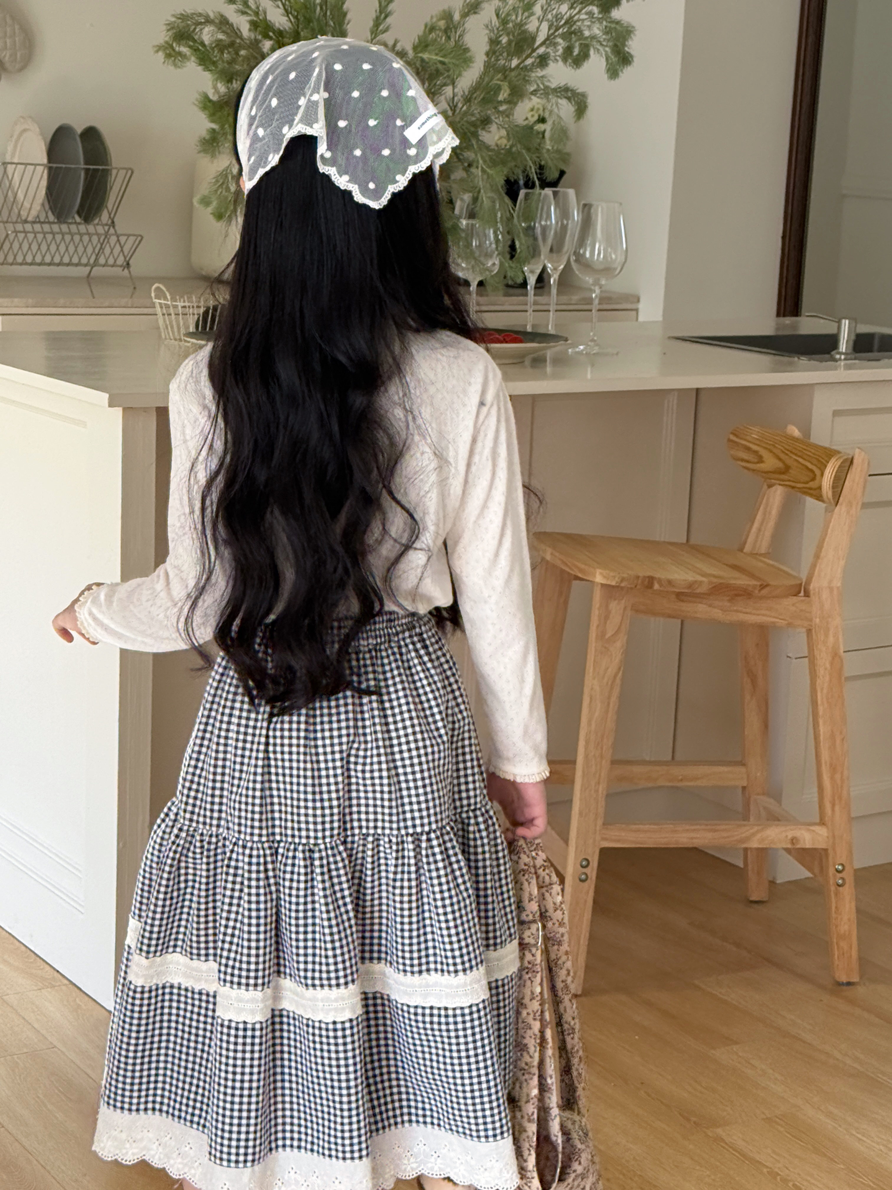 Irene's Closet 잔체크 레이스 배색 티어드 롱 스커트 유아 주니어 봄 간절기
