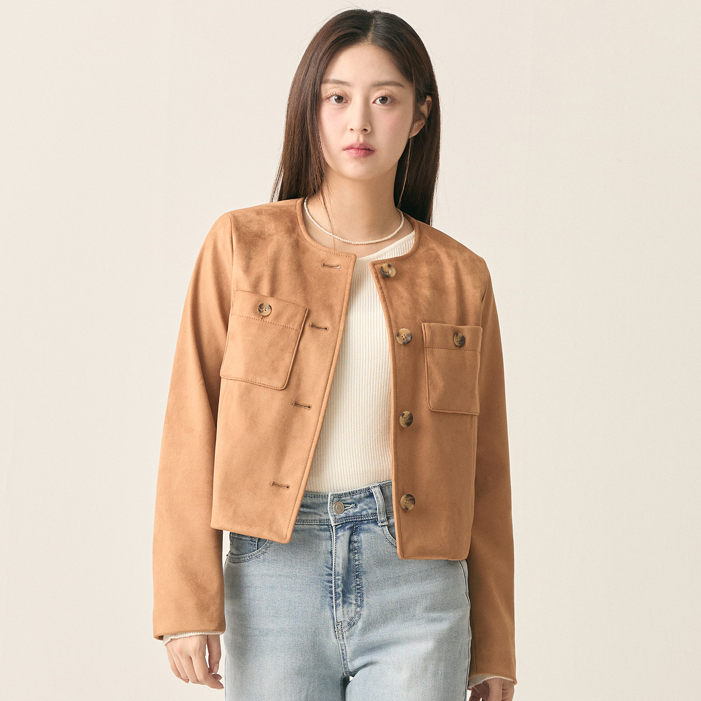 [슈퍼특가] 로엠 라운드넥 페이크 레더 자켓 RMJKF12R17