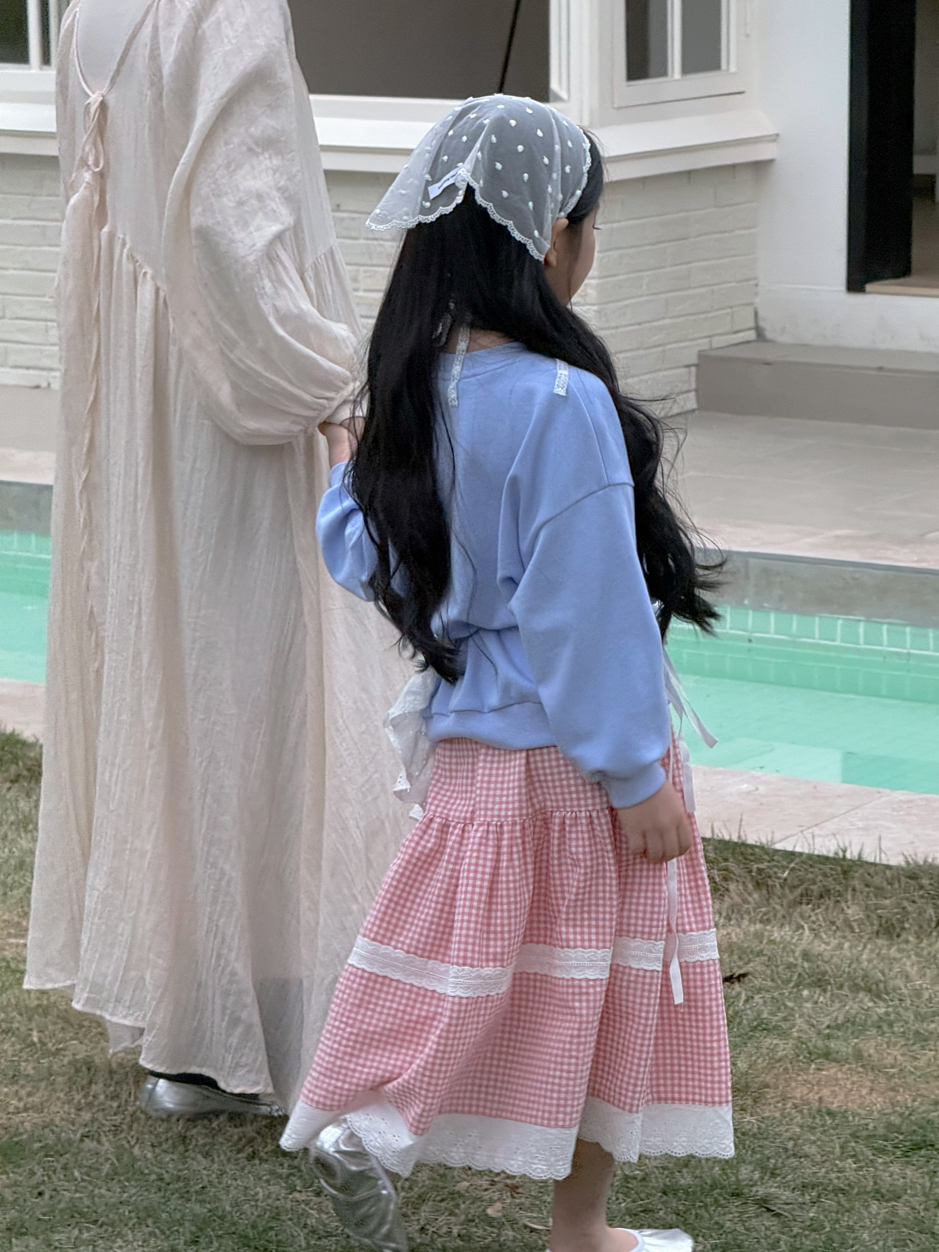 Irene's Closet 잔체크 레이스 배색 티어드 롱 스커트 유아 주니어 봄 간절기