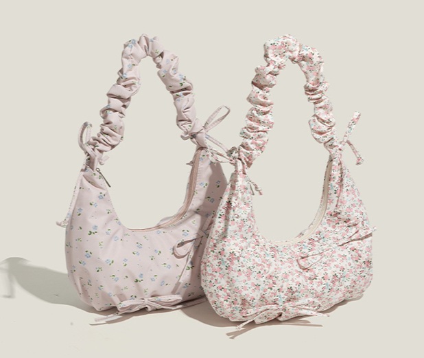 꽃무늬패턴 셔링 숄더백 발레코어 봄 예쁜 핑크 디자인 리본포인트 2컬러 33X16CM - 상세 이미지 4