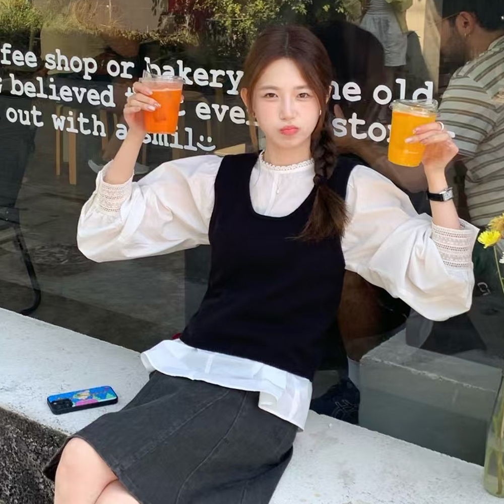 에이트 라운드 크롭 니트 베스트 (3color) 레이어드 봄 U넥 린넨 조끼 - 상품 이미지