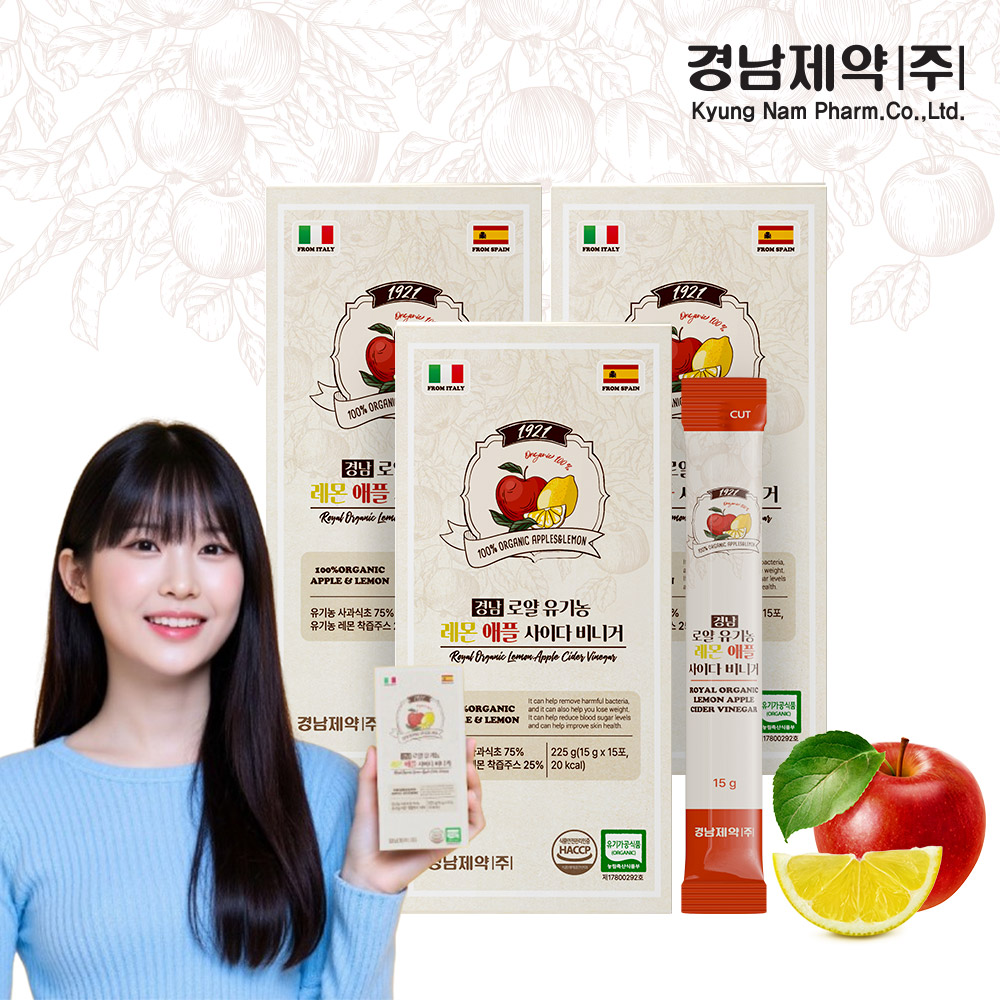 경남제약 로얄 유기농 100% 레몬 애사비 스틱 애플사이다비니거 225ml, 3개