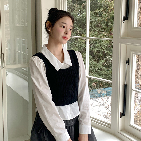 꽈배기 니트 뷔스티에 퍼프 숄더 셔츠 세트 st2757