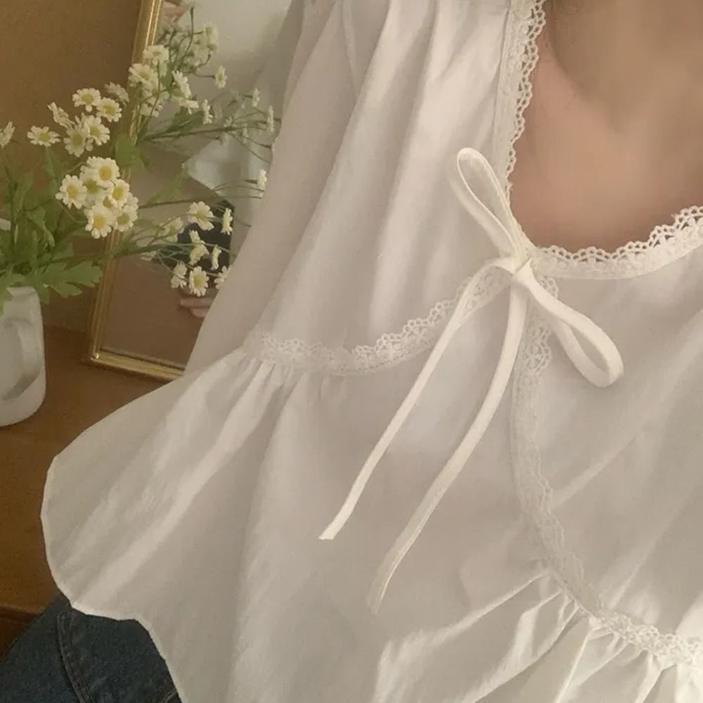 봄 브이넥 리본 블라우스 펀칭 셔링 - 상세 이미지 3