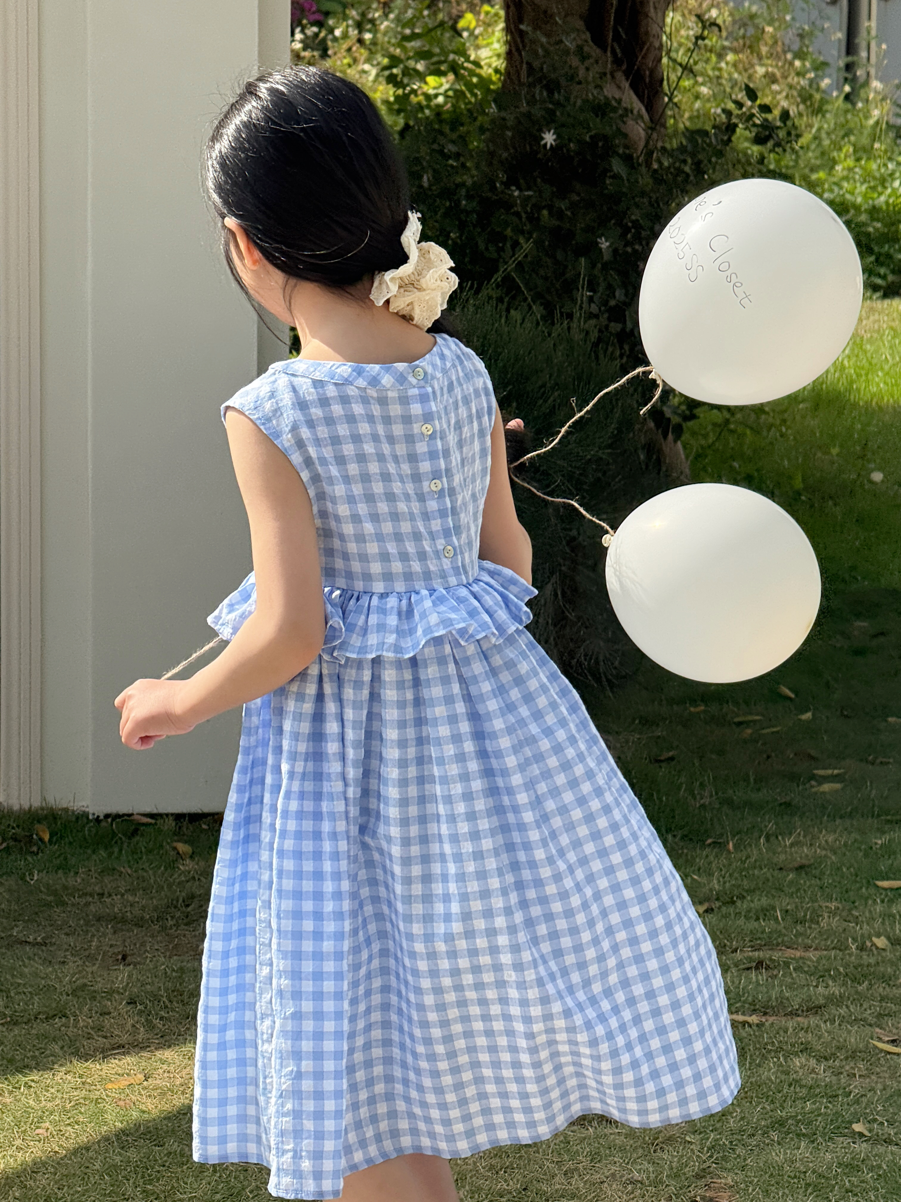 Irene's Closet 깅엄체크 러플 웨이스트 슬리브리스 드레스 유아 주니어 여름