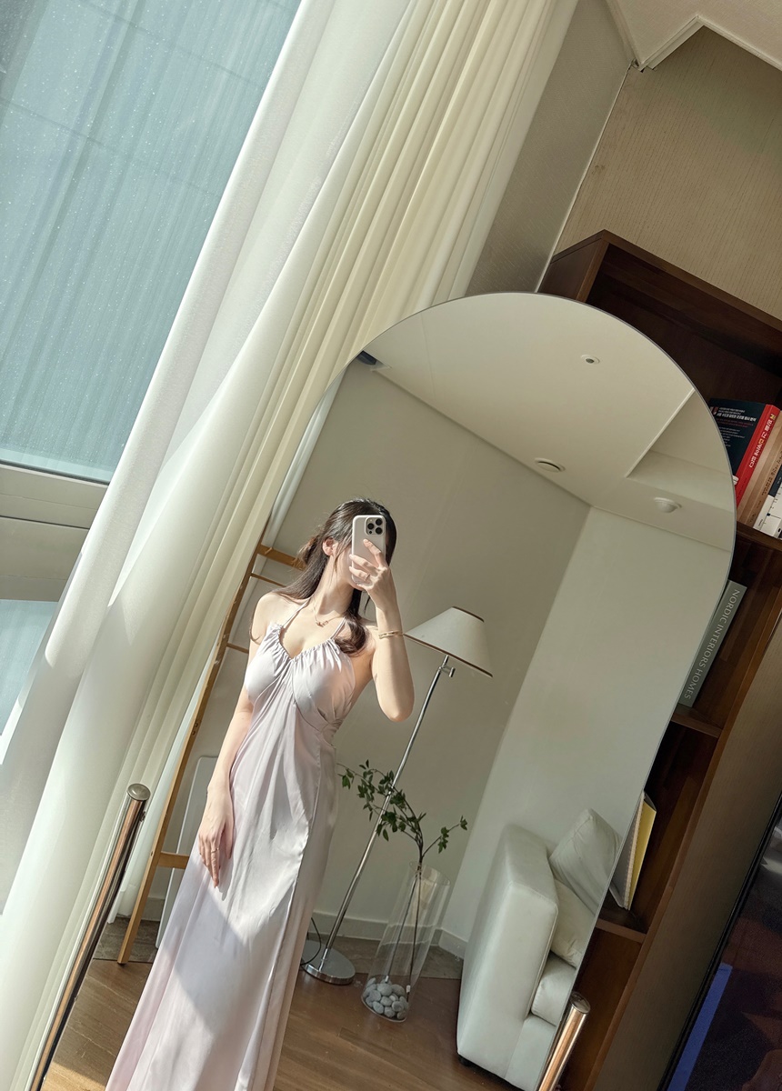 [신상💛캡내장]홀터넥 실크 새틴 슬립 잠옷 원피스 상세 이미지 6
