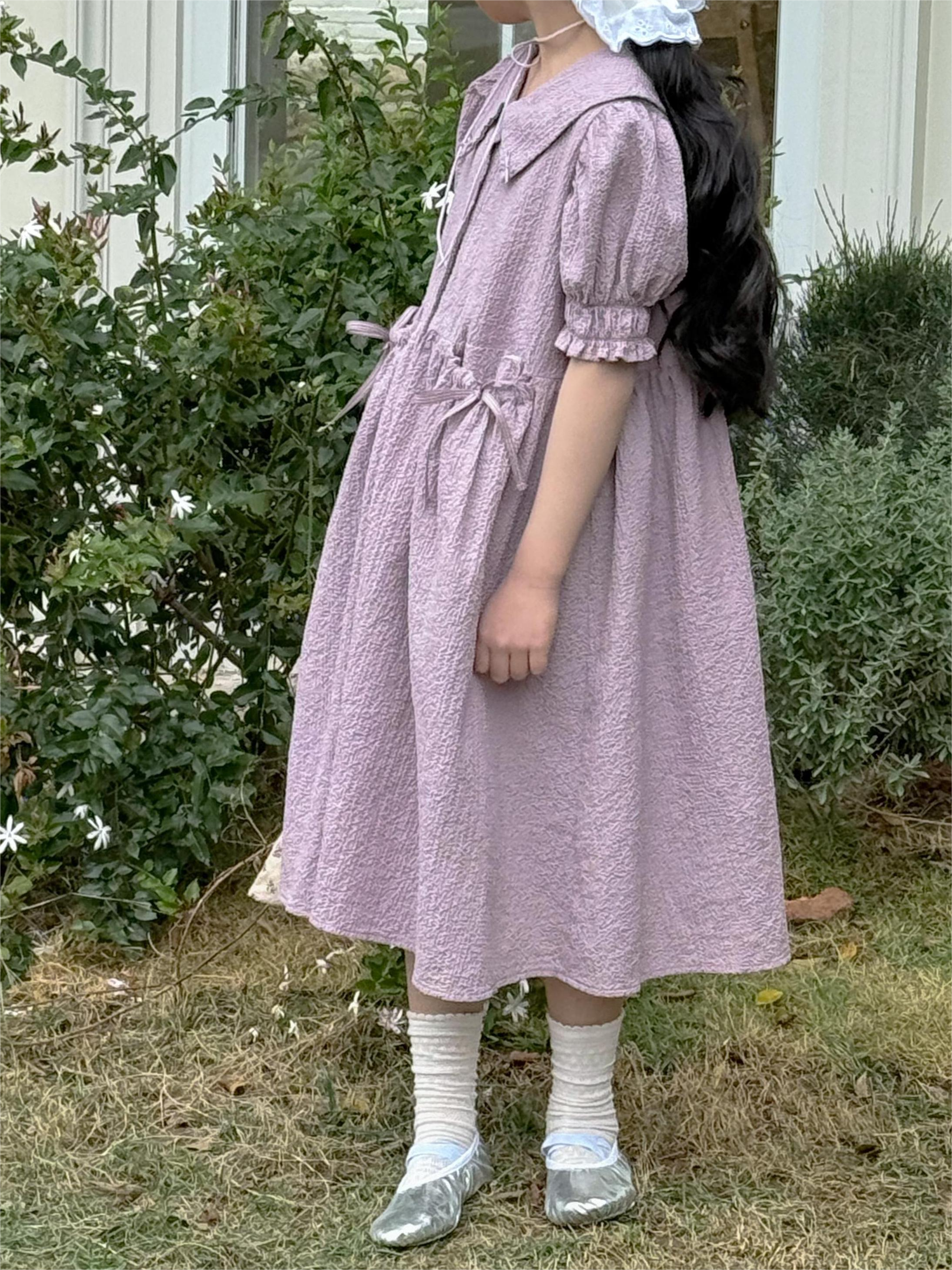 Irene's Closet 시어서커 앞단추 리본 포인트 퍼프소매 반팔 드레스 유아 주니어 봄 여름 - 상세 이미지 2