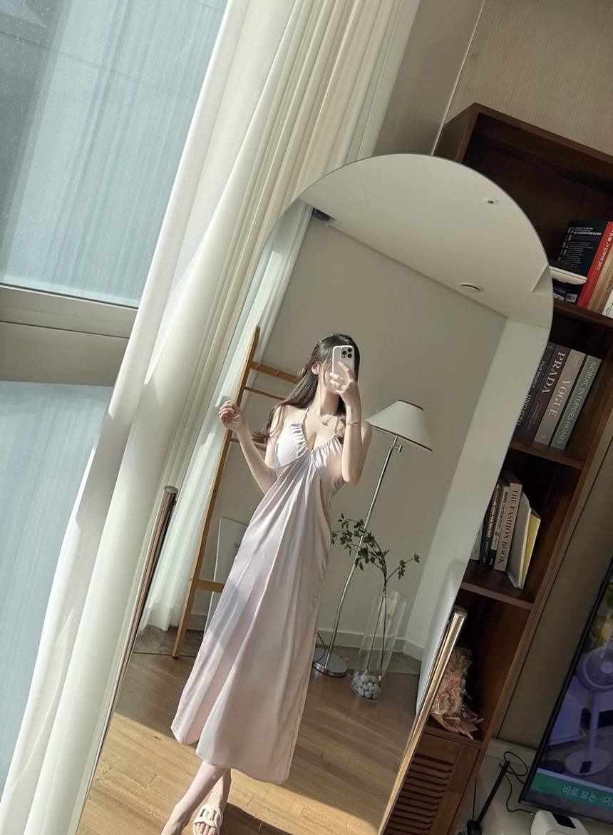 [신상💛캡내장]홀터넥 실크 새틴 슬립 잠옷 원피스 상세 이미지 7