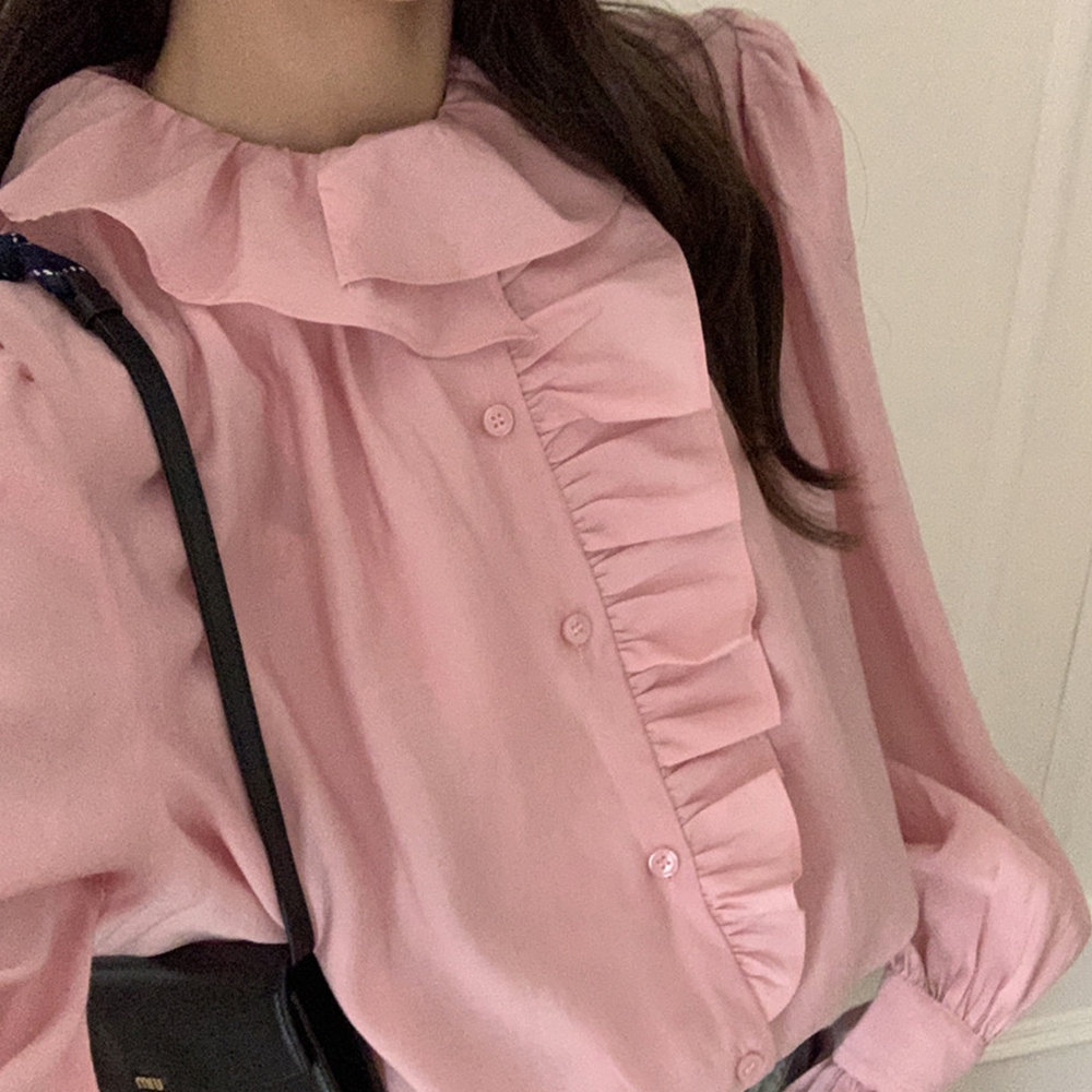 둥근카라블라우스 프릴넥 러플 하객 퍼프 가을 블라우스 - 상세 이미지 3