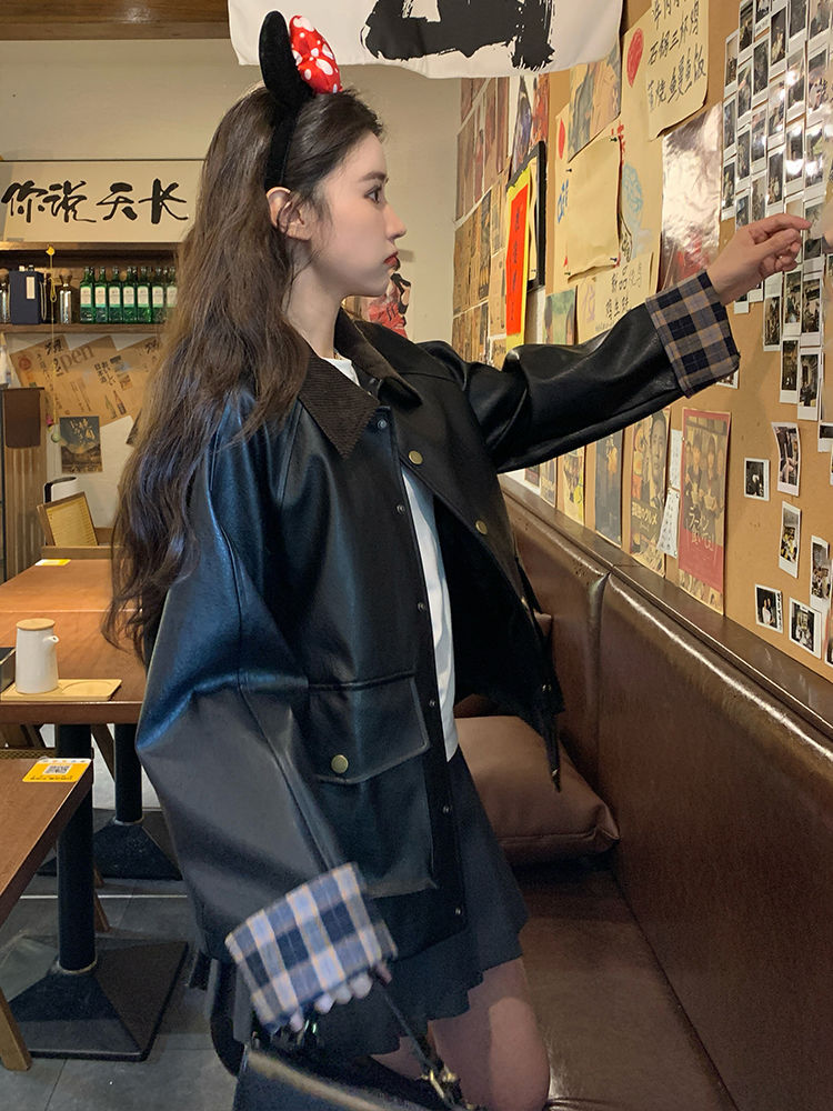 멋퀸 오버핏 체크배색소매 코듀로이카라  pu레더 하프자켓